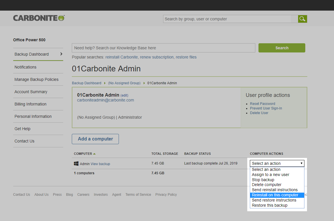 From the Computer Actions column, click Select an action and click Reinstall on this computer